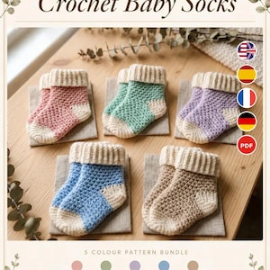 Patrón PDF de calcetines de bebé fáciles de tejer a crochet. 5 colores pastel. Ideal para recién nacidos y bebés de hasta 18 meses. Regalo perfecto para baby shower. Descarga instantánea.