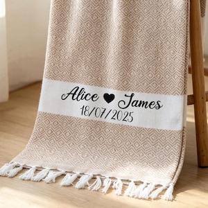 Op de afbeelding: Een beige geweven plaid met een ruitpatroon en franjes. Een witte horizontale band bevat de zwarte tekst Alice, een hartsymbool, James en de datum 18/07/2025 in een combinatie van een script- en een schreefloos lettertype.