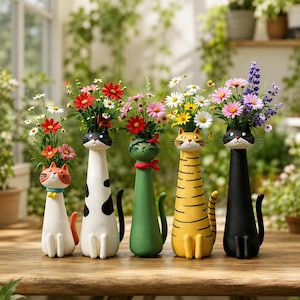 Puede incluir: Cinco floreros con forma de gato en varios colores y patrones, incluyendo blanco, negro, verde y amarillo, cada uno con un ramo de flores silvestres coloridas. Los floreros presentan detalles faciales pintados, bigotes y colas erguidas.