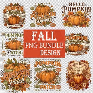 Peut inclure: Une collection numérique de huit motifs sur le thème de la citrouille avec des citrouilles orange, des feuilles d'automne, des tournesols et des épis de blé. Le texte inclut des phrases comme Pumpkin Patch, Hello Pumpkin et Harvest Festival.