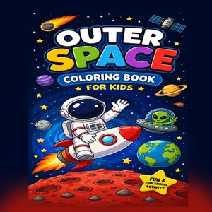 Peut inclure: Une couverture de livre de coloriage intitulée Outer Space Coloring Book For Kids avec un astronaute en dessin animé sur une fusée, un extraterrestre vert dans une soucoupe volante, des planètes, des étoiles, un satellite et une surface rouge cratérisée.