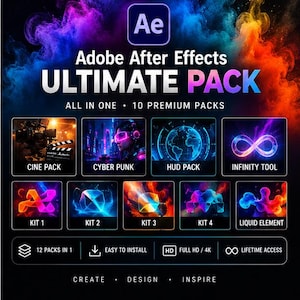 May include: A digital product graphic titled Adobe After Effects ULTIMATE PACK, featuring a colorful smoke background. It displays ten distinct software asset packs including Cine Pack, Cyber Punk, HUD Pack, Infinity Tool, and four kits.