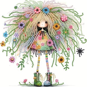 May include: A decorative art piece featuring a stylized doll with voluminous blonde hair adorned with numerous green bead strands and colorful floral accents. The doll wears a patterned dress and tall boots, all embellished with small beads.
