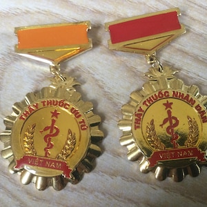 May include: Two gold-toned circular medals with scalloped edges. The left medal has an orange bar at the top, while the right has a red bar. Both feature a central red caduceus symbol, a star, and the text "THẦY THUỐC ƯU TÚ" or "THẦY THUỐC NHÂN DÂN" with "VIỆT NAM" below.