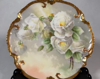 Antique Limoges Coronet Porcelain Plate, White Roses, Signed Duval 1906, Gilt Border Cabinet Wall Art