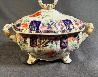 Repaired Antique English Imari Sauce Tureen, 19th Century Porcelain Sauce Tureen with Lid, Cobalt Blue & Gilt Ironstone Serving Dish, AS-IS