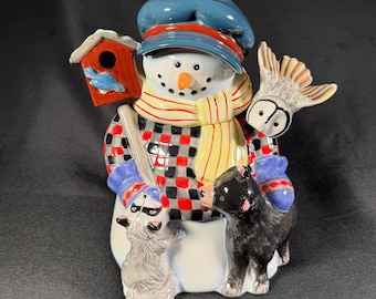 Barattolo per biscotti vintage a forma di pupazzo di neve Gibson Woodland Friends, contenitore natalizio in ceramica Claire Murray, decorazione invernale per le vacanze, 2003, raro, per la cucina festiva