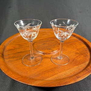 Vintage Etched Crystal Cordial Glasses - Set of 2 Wheat Pattern Liqueur Stemware