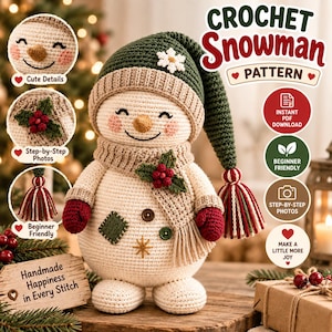 クリスマスのアミグルミ雪だるまの編み図、素朴なホリデードール（PDF）