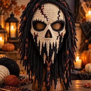 Puede incluir: Una máscara de ganchillo con forma de calavera de color crema, cuencas oculares y cavidad nasal negras, rodeada de largos y gruesos mechones de lana negra con detalles de lana naranja entrelazada y secciones trenzadas en el cabello.