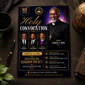 Peut inclure: Un dépliant pour le 80e Holy Convocation annuel présentant l'évêque Samuel T. Reed, le prophète Tim Hawks, le prophète James Brooks et l'évêque Marcus Blame. Le design noir et or inclut les dates, le programme et le thème Empowered for Kingdom Impact.