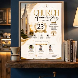 Può includere: Un volantino incorniciato per il programma dell'anniversario della chiesa con design in oro e bianco. Include l'immagine di un edificio ecclesiastico, il testo "25th Anniversary", un grafico ad albero e tre ritratti circolari di relatori.