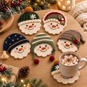 Puede incluir: Un conjunto de seis posavasos de ganchillo con forma de muñeco de nieve, cada uno con un diseño de gorro único en colores como verde, azul marino y marrón, con caras bordadas, narices naranjas y bordes festoneados, uno bajo una taza de cacao.