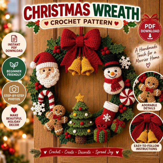 Christmas Crochet Wreath Pattern PDF, Festive Holiday Door Decor (Digital Download)