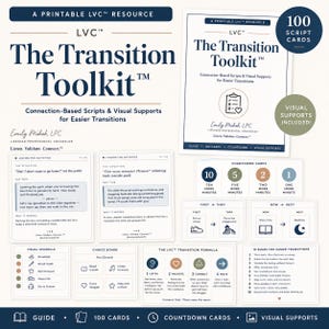 Puede incluir: Un recurso imprimible LVC The Transition Toolkit que incluye 100 tarjetas de guiones y apoyos visuales. El conjunto contiene una guía, tarjetas de cuenta regresiva, un horario visual, un tablero de opciones y la fórmula de transición LVC.