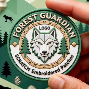 Peut inclure: Un écusson circulaire présentant une tête de loup géométrique au centre, flanquée de deux sapins. Le texte FOREST GUARDIAN est arqué en haut, avec LOGO et SCRATCH Embroidered Patches imprimés en noir sur un fond blanc et vert.