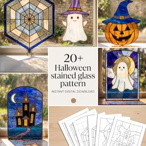 May include: A collection of stained glass art pieces featuring a spider web, a ghost with a purple hat, a jack-o'-lantern, a haunted house, and a ghost with a moon. The image includes the text 20+ Halloween stained glass pattern INSTANT DIGITAL DOWNLOAD.