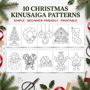 Puede incluir: Una colección de 10 patrones de Kinusaiga navideños con diseños de líneas en blanco y negro que incluyen un árbol, corona, adornos, casa de jengibre, calcetín, Santa, bastones de caramelo, casa, ángel y estrella, con el texto 10 CHRISTMAS KINUSAIGA PATTERNS.