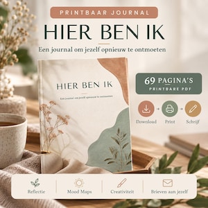 Può includere: Un diario stampabile intitolato HIER BEN IK, con una copertina dalle forme astratte color terracotta e verde salvia, un'illustrazione botanica e il sottotitolo Een journal om jezelf opnieuw te ontmoeten. Include 69 pagine, icone di download, stampa e scrittura.
