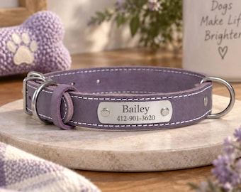 Personalized Dog Collar with Name and Phone Number, Premium Leather Collar, Engraved Metal ID Plate, Custom Pet Gift