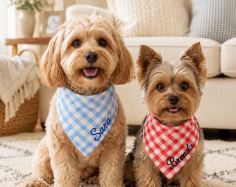 Personalized Puppy Bandana, Custom Embroidered Name Pet Scarf, Gingham Dog Accessory, Cute Gift for Pet Owners