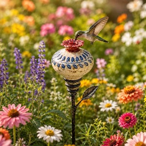 May include: A garden stake featuring a round, cream-colored ceramic topper with a blue leaf pattern and a red rim, topped by a small hummingbird figurine in mid-flight. The stake has a dark metal stem with a single leaf-shaped accent.