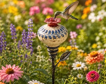 Ceramic Flower Hummingbird Feeder, Hand Painted Glass Bird Feeder, Vintage Garden Ornament, Backyard Bird Lover Gift
