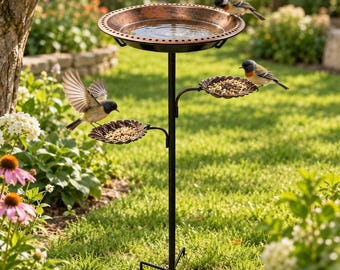 Outdoor Bird Bath with Leaf Feeders, Metal Garden Bird Bath Stake, Vintage Bronze Finish, Decorative Yard Bird Lover Gift