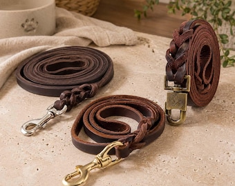 Handmade Genuine Leather Dog Leash, Braided Brown Walking Lead with Swivel Clasp, Heavy Duty Training Leash for Medium Large Dogs