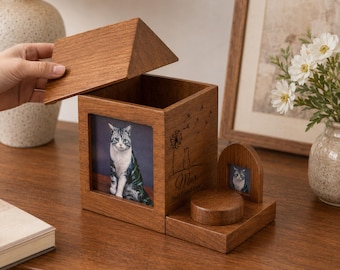 Personalized Pet Memorial Urn, Wooden Dog Cat Ashes Keepsake House with Photo Frame, Custom Engraved Dog Cat Sympathy Gift