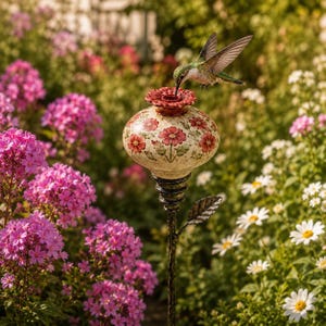 May include: A hummingbird feeder featuring a cream-colored glass globe with a red floral pattern, topped with a red flower-shaped feeding port. The feeder is mounted on a dark, textured metal stake with a single metal leaf attached to the stem.