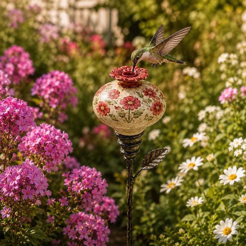 May include: A hummingbird feeder featuring a cream-colored glass globe with a red floral pattern, topped with a red flower-shaped feeding port. The feeder is mounted on a dark, textured metal stake with a single metal leaf attached to the stem.