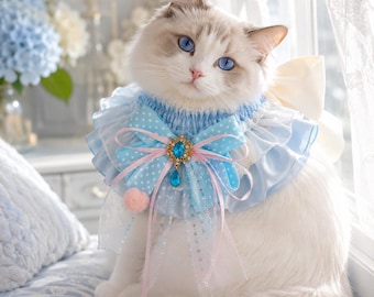 Elegant Pet Ruffle Collar, Lace and Satin Bow Cat Accessory, Wedding, Birthday or Holiday Costume for Cats