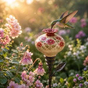 May include: A hummingbird with iridescent green and white feathers hovers over a round, cream-colored ceramic bird feeder decorated with painted red flowers. The feeder is mounted on a dark, textured metal stake featuring a single metal leaf.