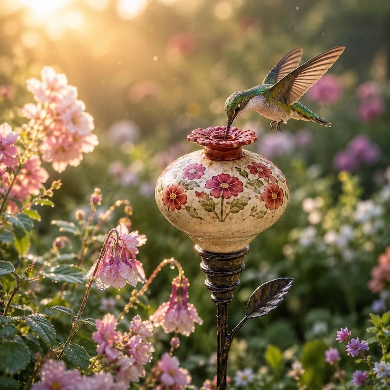 May include: A hummingbird with iridescent green and white feathers hovers over a round, cream-colored ceramic bird feeder decorated with painted red flowers. The feeder is mounted on a dark, textured metal stake featuring a single metal leaf.