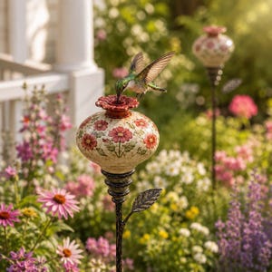 May include: A garden stake featuring a cream-colored ceramic orb decorated with red floral patterns and a red flower-shaped top. A green and white hummingbird is positioned at the top of the orb. The stake has a dark metal stem with a single leaf.