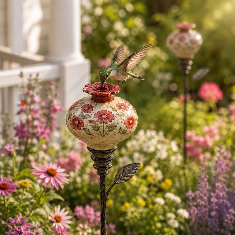 May include: A garden stake featuring a cream-colored ceramic orb decorated with red floral patterns and a red flower-shaped top. A green and white hummingbird is positioned at the top of the orb. The stake has a dark metal stem with a single leaf.