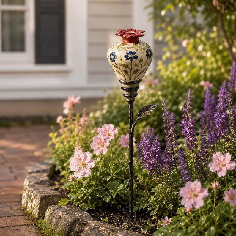 May include: A garden stake featuring a cream-colored ceramic vessel with blue floral patterns and green stems, topped with a red sculpted flower. The vessel sits atop a slender black metal rod with a single metal leaf attached to the stem.