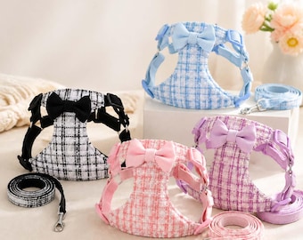 Tweed Dog Harness with Leash, Cute Bow Tie Puppy Harness Vest, Soft Plaid Small Dog Walking Set, Stylish Pet Gift
