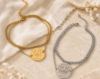 Pet Memorial Bracelet, Custom Pet Portrait from Photo, Personalized Name Charm, Double Chain Keepsake Gift for Dog or Cat Lover