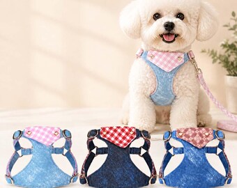 Denim Dog Harness with Leash, Cute Plaid Bandana Puppy Harness Vest, Soft Adjustable Small Dog Walking Set, Stylish Pet Gift