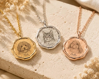 Custom Pet Portrait Necklace, Personalized Dog Cat Photo Pendant, Pet Memorial Jewelry, Engraved Name Necklace, Pet Lover Gift