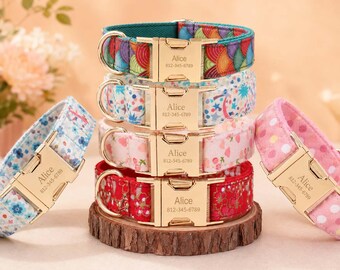 Personalized Floral Dog Collar with Name & Phone Number, Custom Pet Collar, Soft Cotton Fabric Collar, Gold Engraved Buckle, Puppy Gift