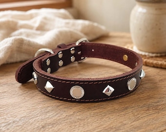 Full Grain Leather Dog Collar, Retro Studded Pet Collar, Durable Adjustable Puppy Collar, Unique Dog Lover Gift