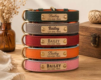 Personalized Leather Dog Collar, Custom Engraved Nameplate Pet ID Collar, Adjustable Collar for Small & Large Dogs, Puppy Gift