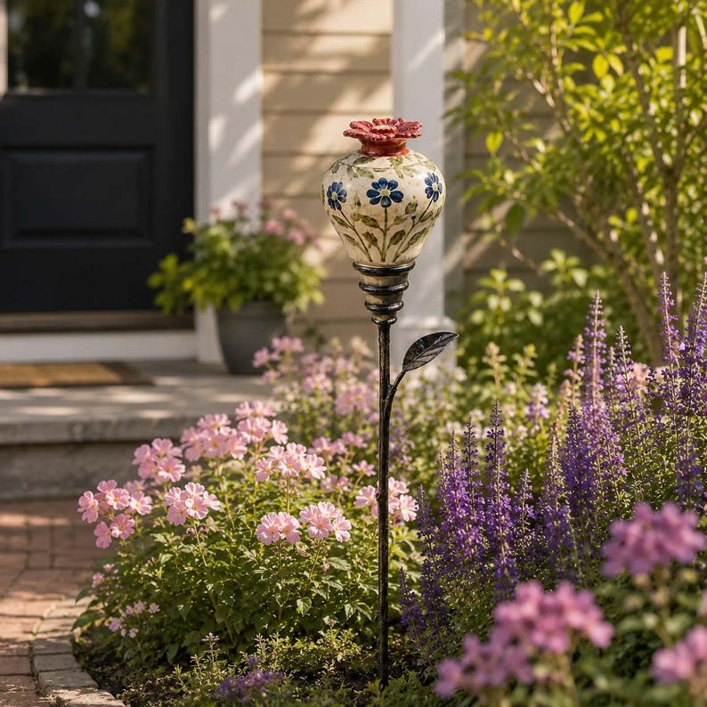 May include: A garden stake featuring a cream-colored ceramic vessel with blue floral patterns and green stems, topped with a red flower-shaped finial. The vessel sits on a black metal rod with a single metal leaf attached to the stem.