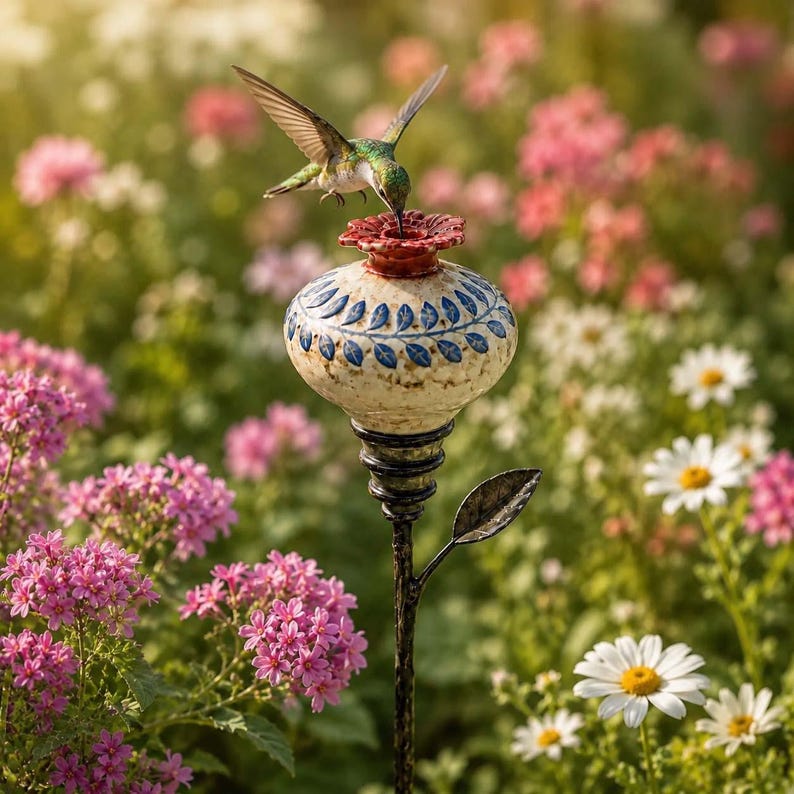 May include: A garden stake featuring a ceramic orb with a cream-colored base, blue leaf patterns, and a red top, topped by a small hummingbird figurine. The stake has a dark metal stem with a single leaf accent, positioned among various flowers.