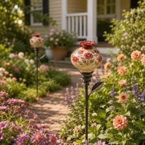 May include: A garden stake featuring a round, cream-colored ceramic topper decorated with red floral patterns and a red flower-shaped cap. The topper sits on a dark, textured metal rod with a single metal leaf attached to the stem.