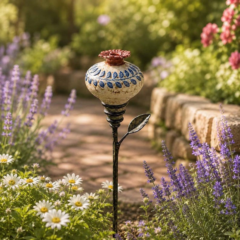 May include: A garden stake featuring a round, cream-colored ceramic topper with a blue leaf pattern and a red, flower-shaped cap. The topper sits on a dark, slender metal stem with a single metal leaf attached to the side, standing upright.