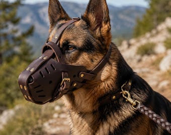 Leather Dog Muzzle for Large Dogs, German Shepherd Muzzle, Adjustable Full Grain Bite Guard, Ventilated Training Muzzle